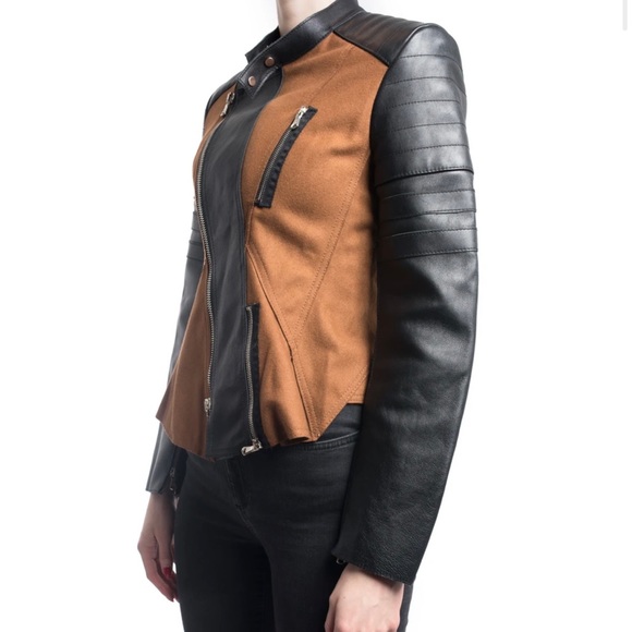 PHILLIP LIM BROWN WOOL & BLACK LEATHER MOTO JACKET - Picture 3 of 7